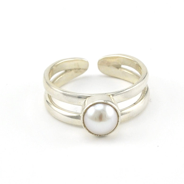 Side View Sterling Silver Pearl 2 Band Adjustable Ring