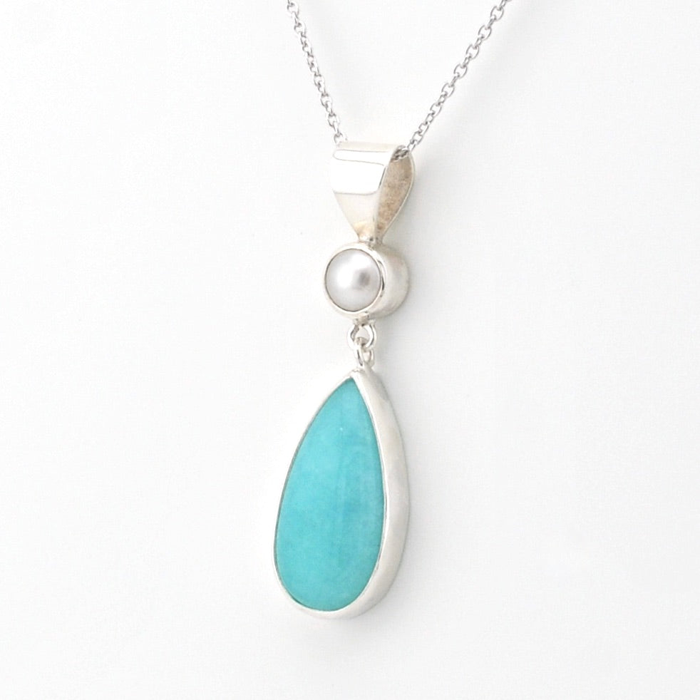 Sterling Silver Pearl Amazonite Tear Necklace on white background