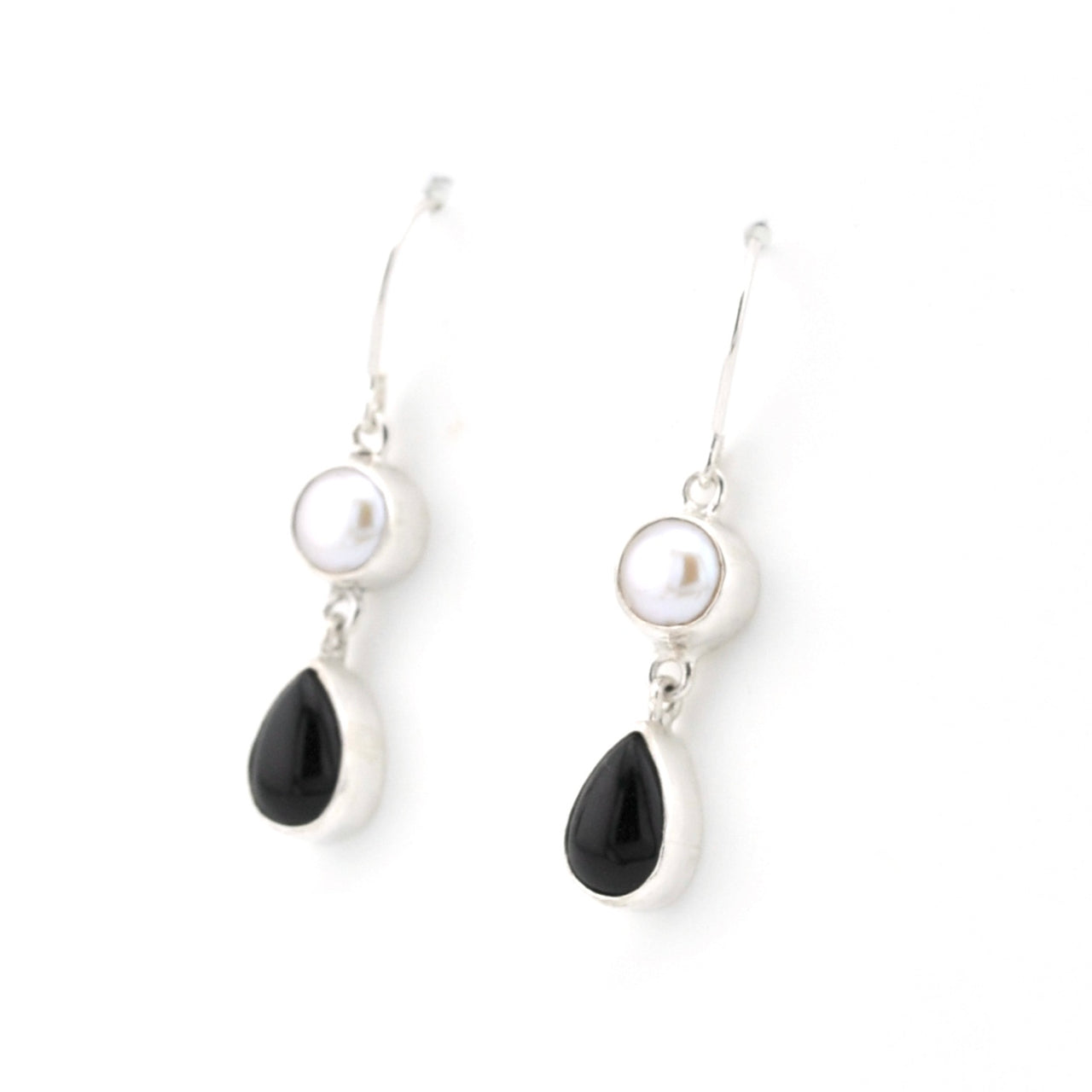 Silver Pearl Black Onyx Dangle Earrings on white background