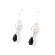 Silver Pearl Black Onyx Dangle Earrings on white background