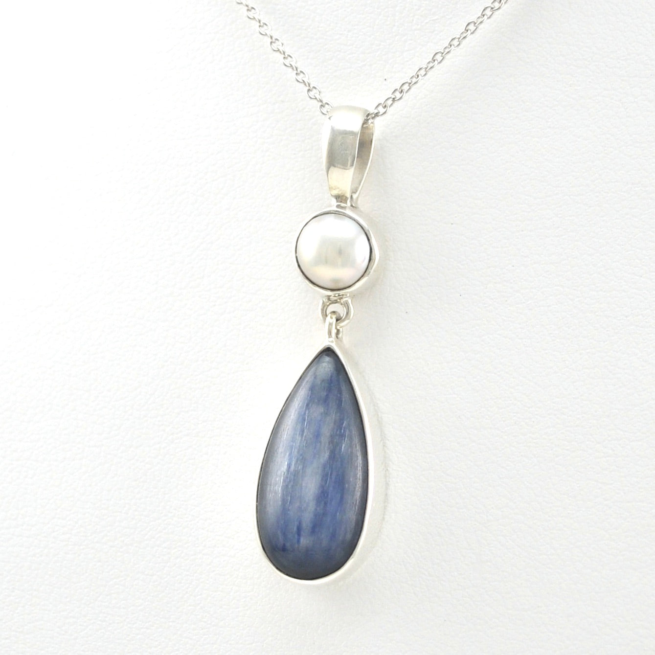 Side View Sterling Silver Pearl Kyanite Necklace