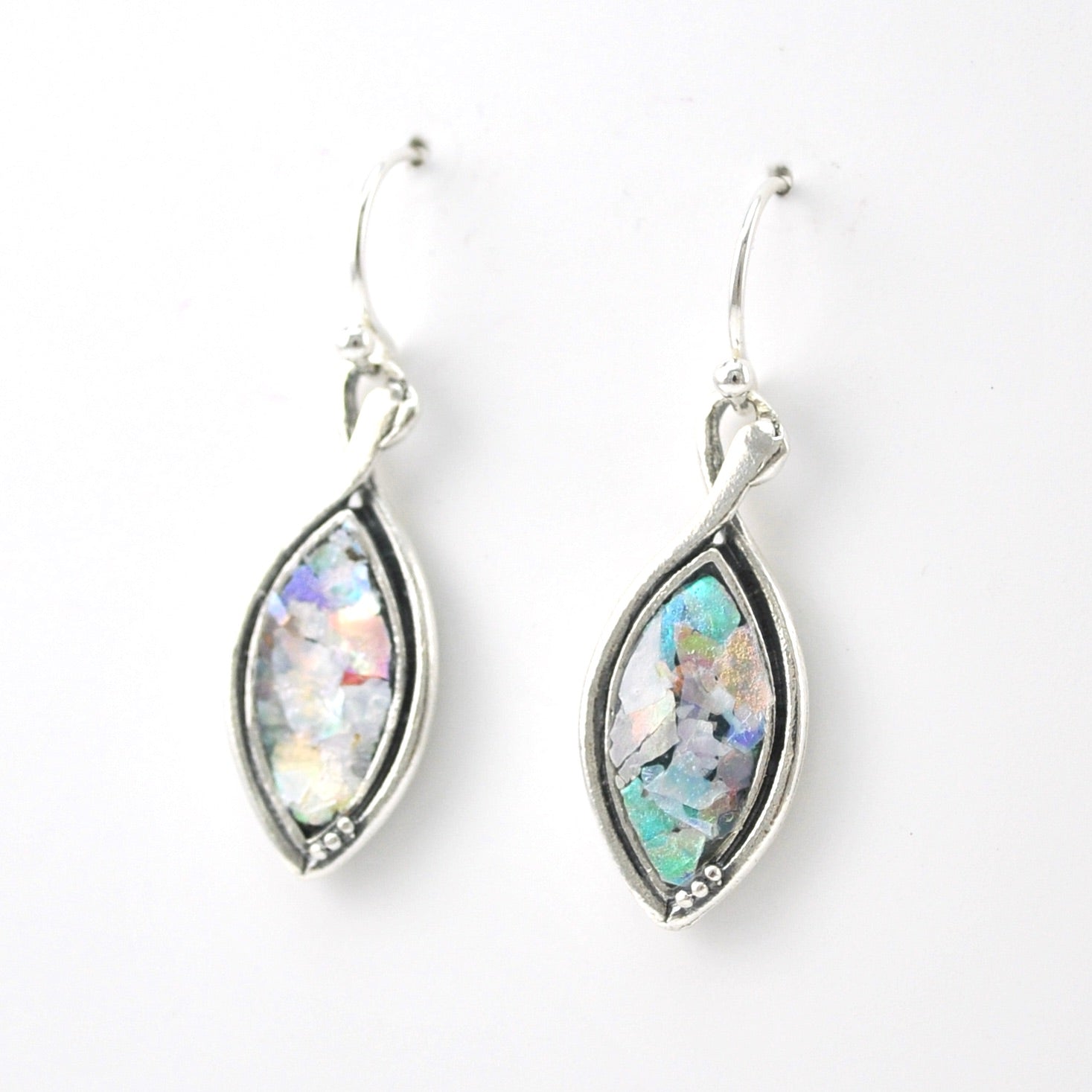 Side View Sterling Silver Roman Glass Marquise Dangle Earrings