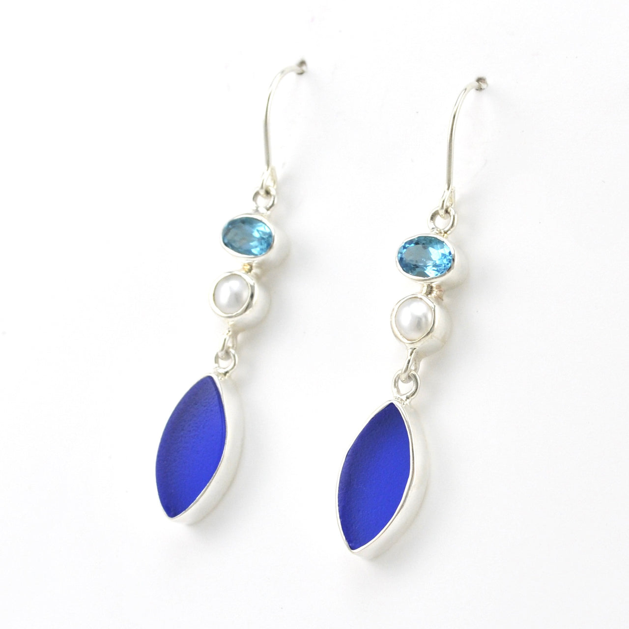 Side View Sterling Silver Topaz Pearl Sea Glass Earrings