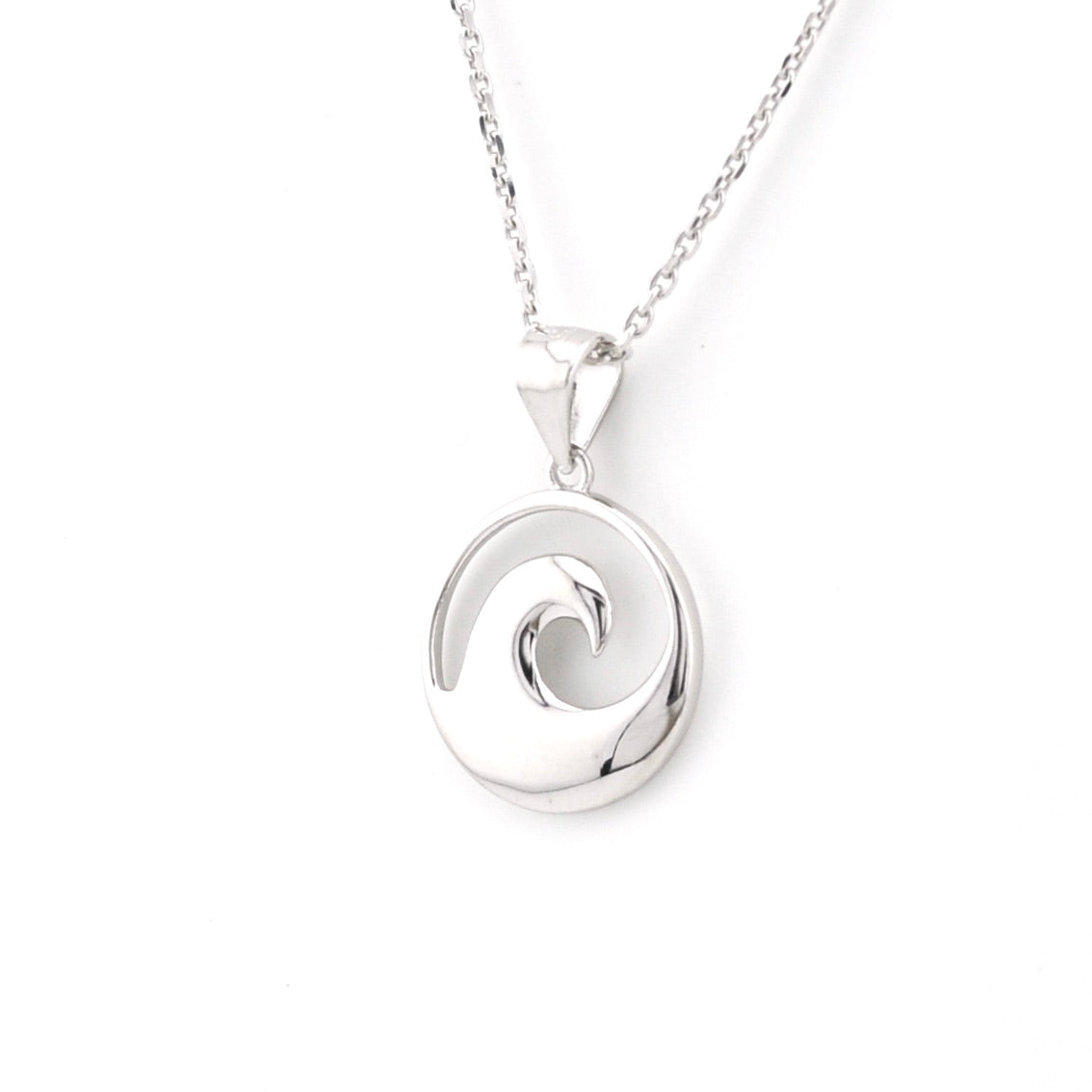 Silver wave pendant necklace on a white background