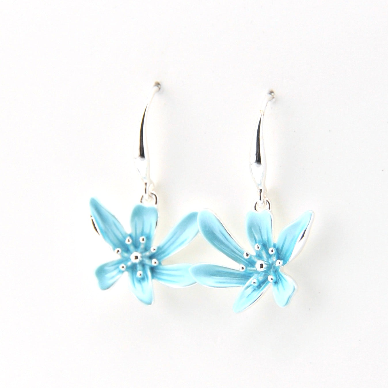 Light blue flower-shaped earrings on a white background