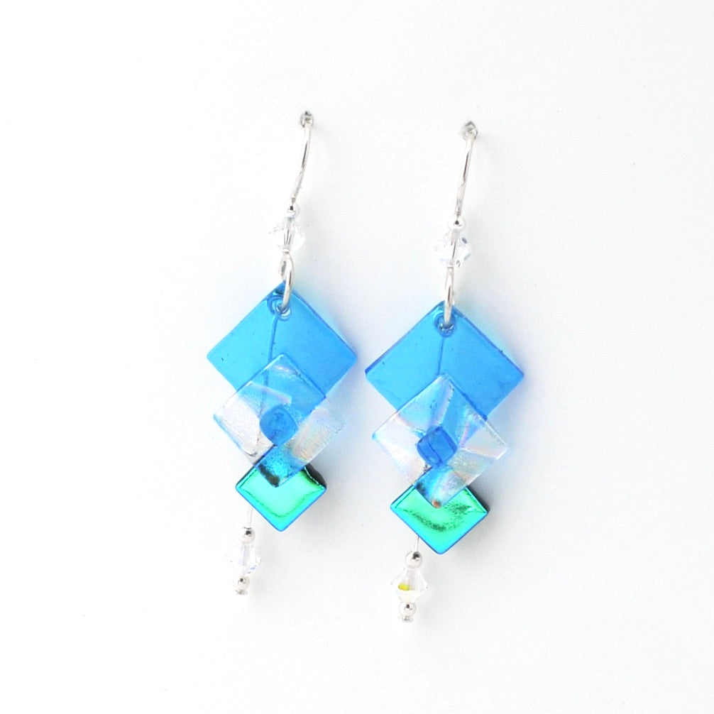 Blue square-shaped earrings on a white background
