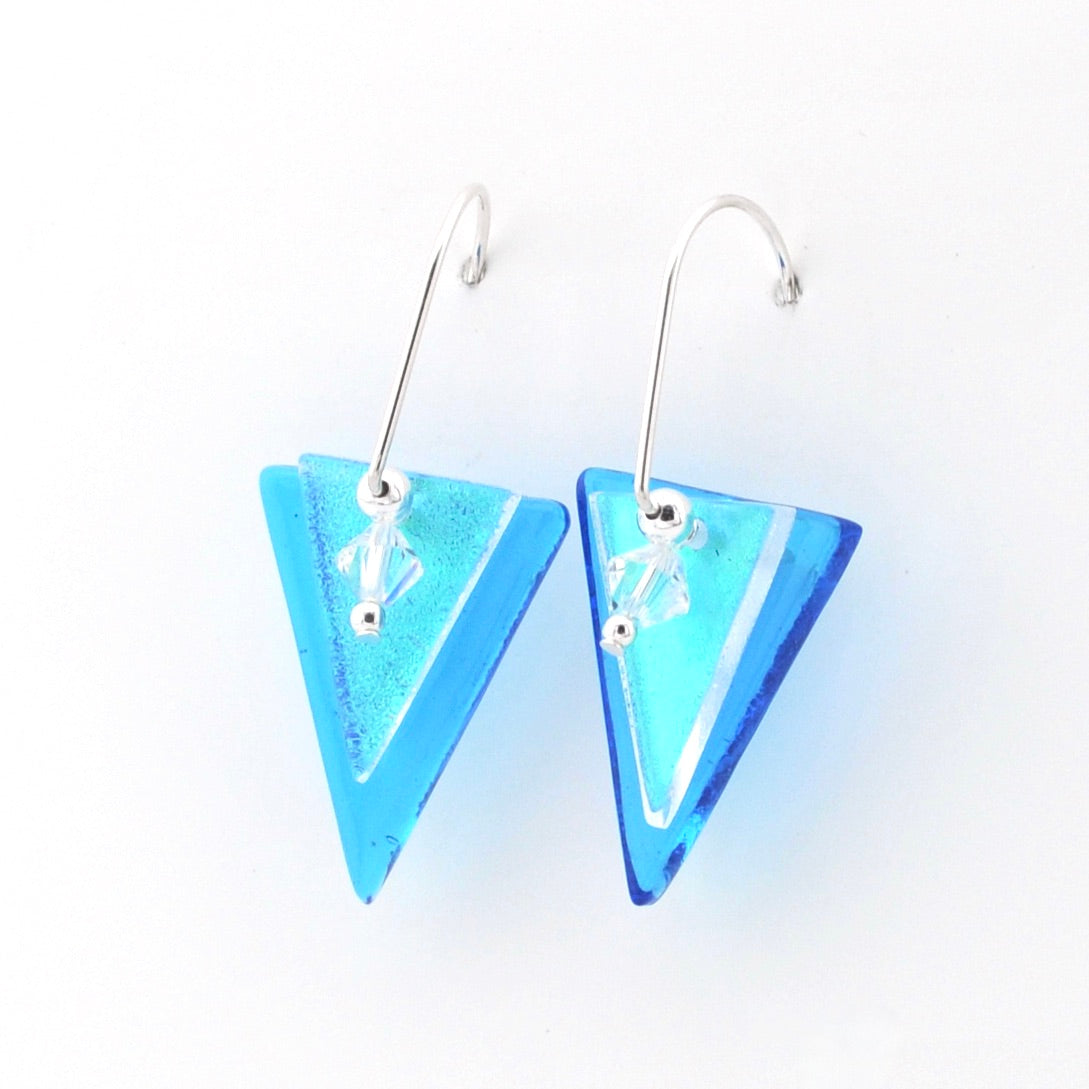 Turquoise Fused Glass Double Triangle Earrings on white background