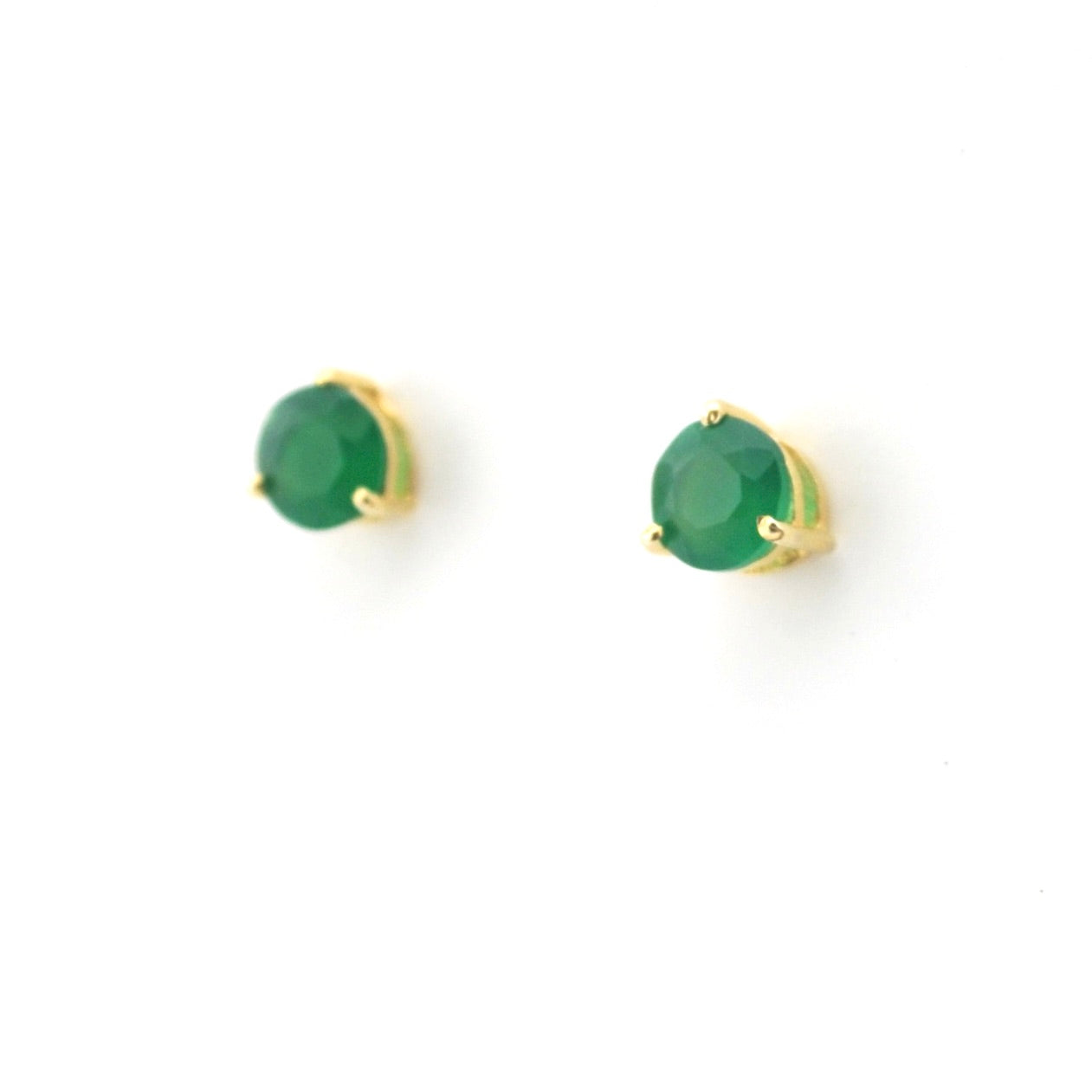 Pair of green gemstone earrings with gold settings on a white background