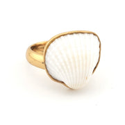 Ring with a white shell inlay and gold band on a white background