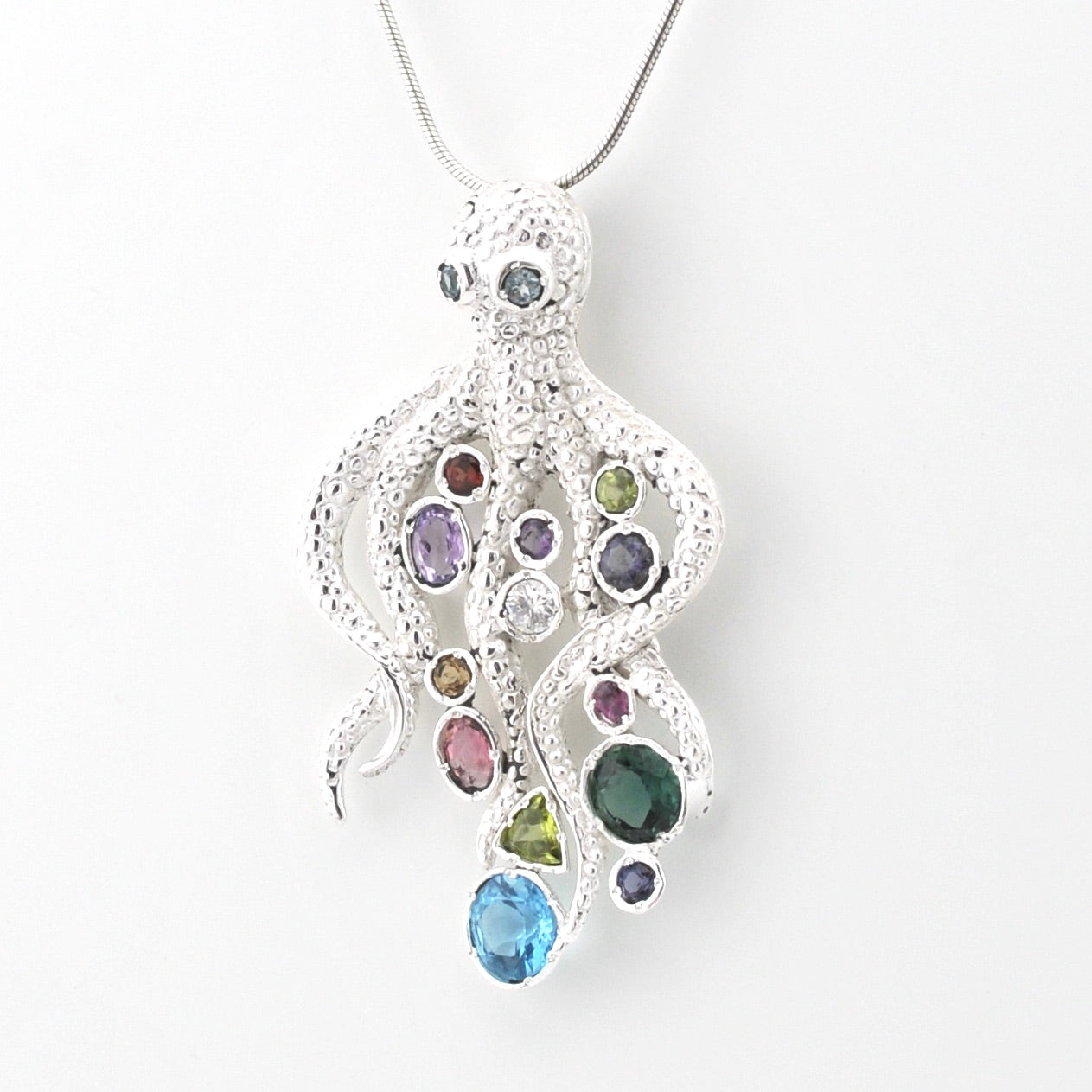 A silver octopus pendant necklace with multiple colorful gemstones, shown on a plain white background.