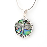 Dragonfly pendant necklace with abalone shell on a white background