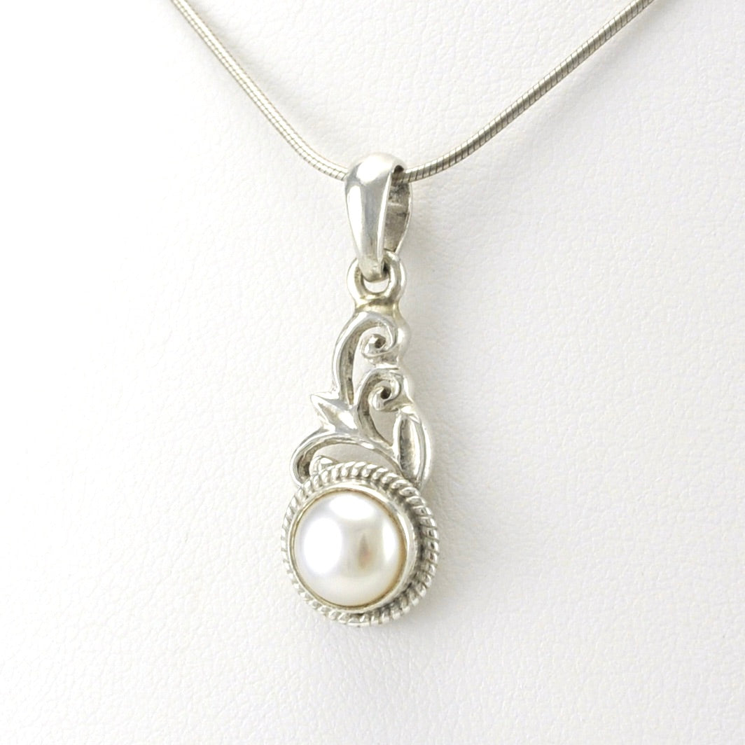 Silver 7mm Pearl Scroll Pendant