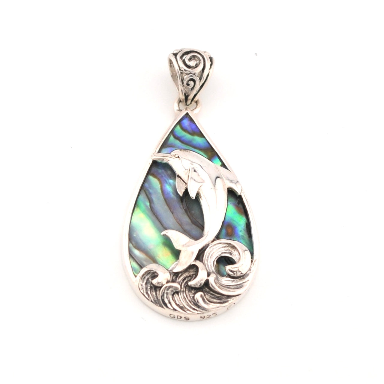 Teardrop-shaped pendant with abalone shell and silver dolphin design on a white background