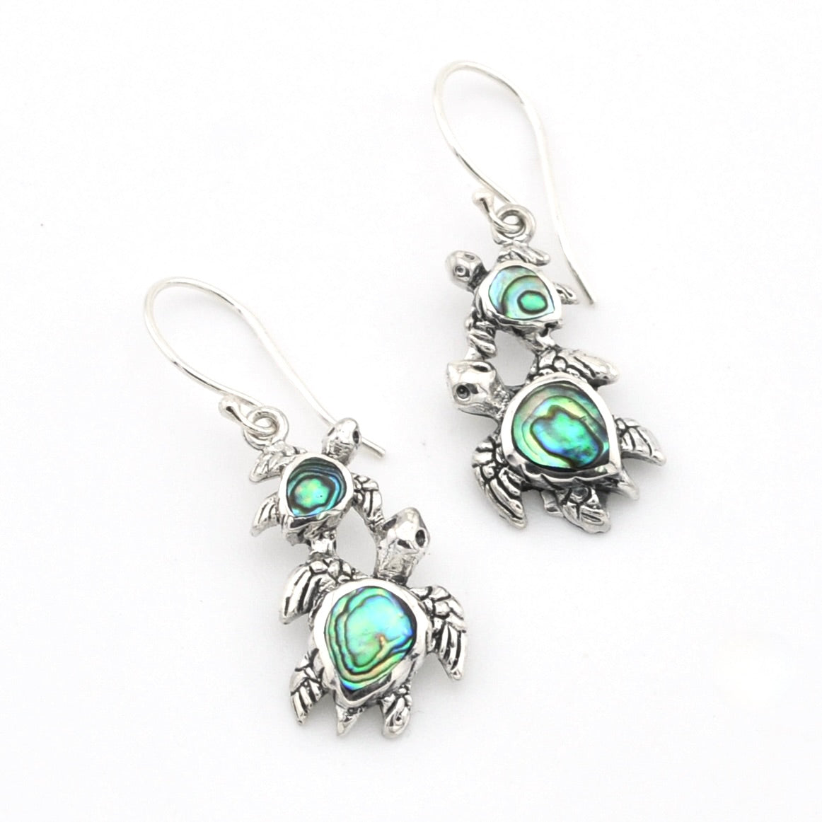 Silver Abalone Double Sea Turtle Dangle Earrings