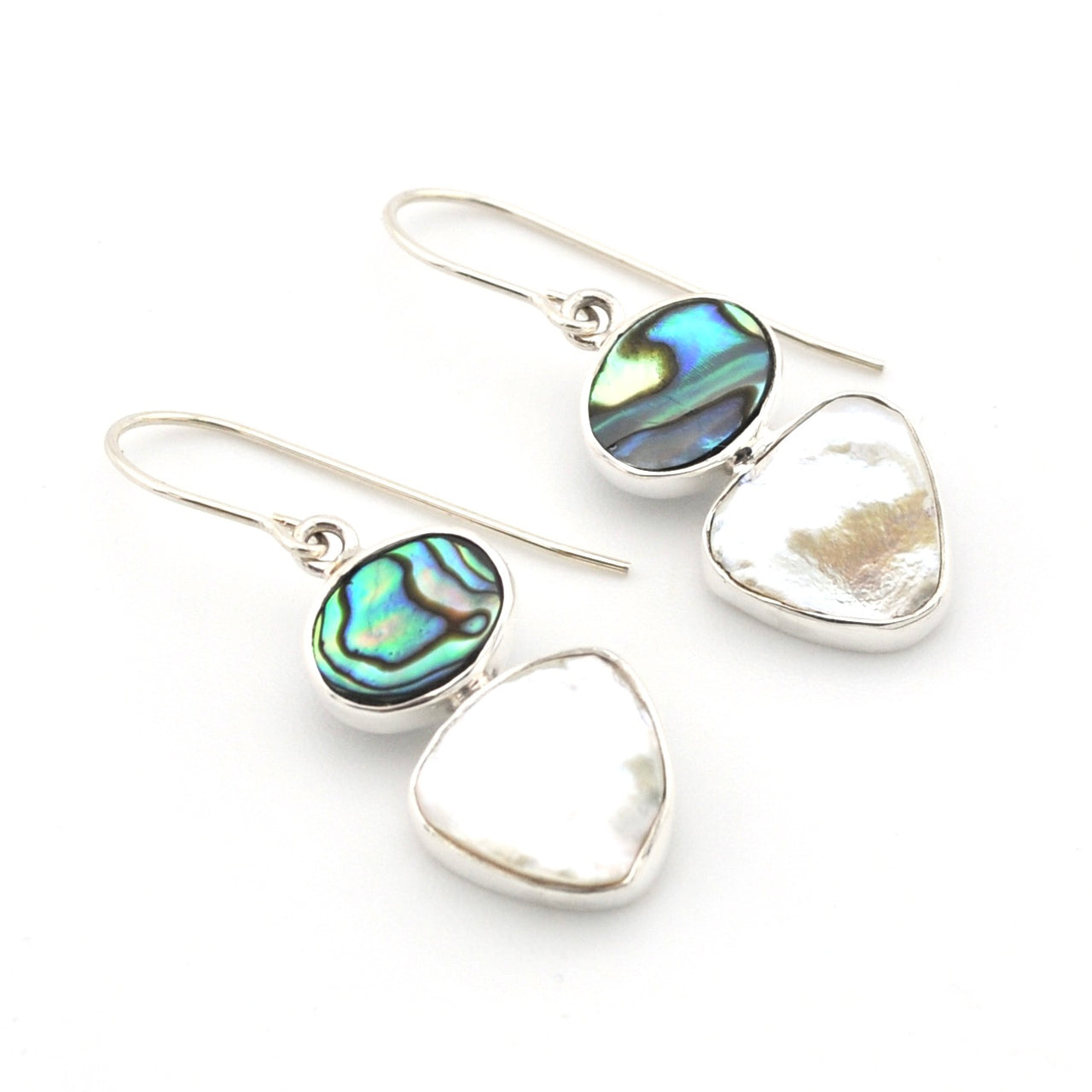 Silver Abalone Keshi Pearl Dangle Earrings on white background