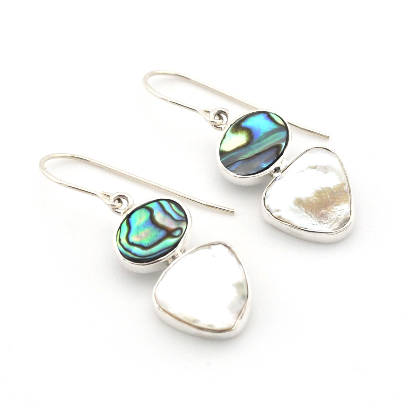 Silver Abalone Keshi Pearl Dangle Earrings on white background