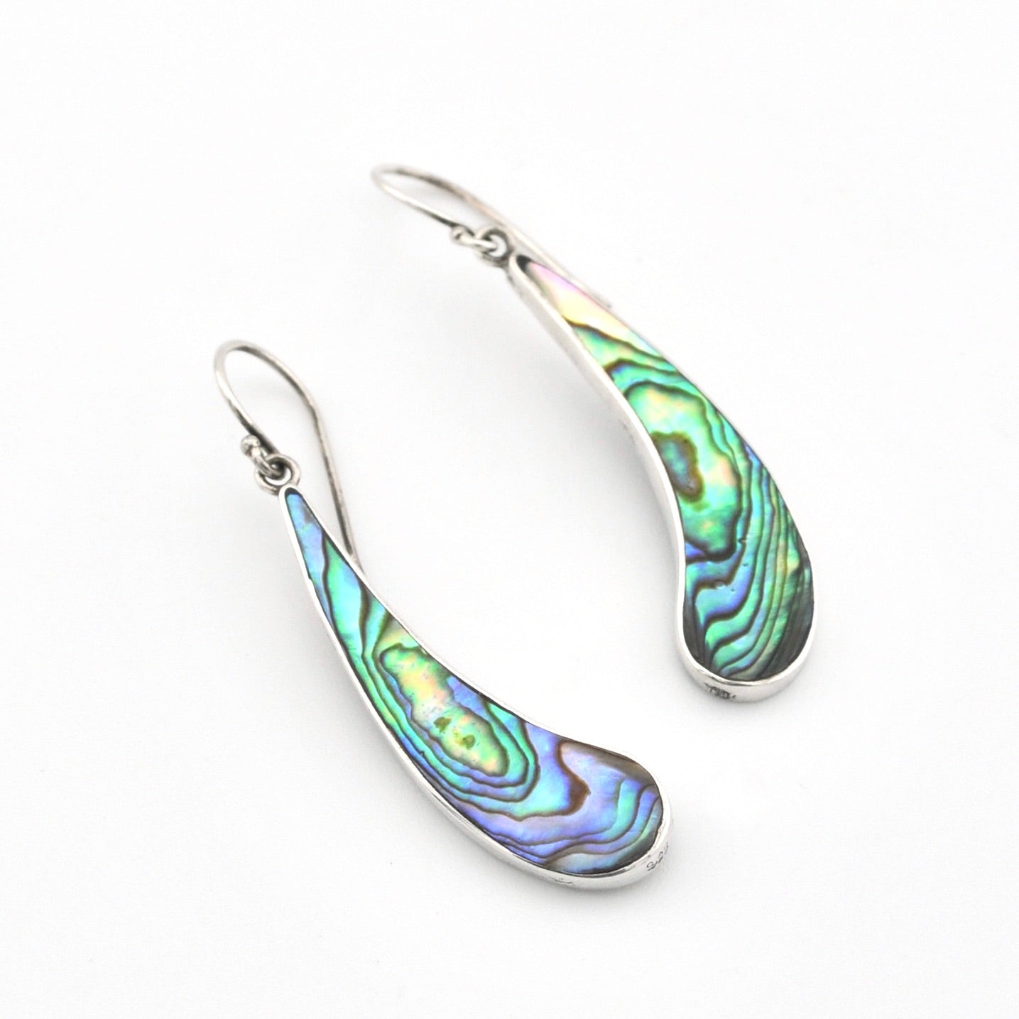 Pair of earrings with abalone shell design on a white background