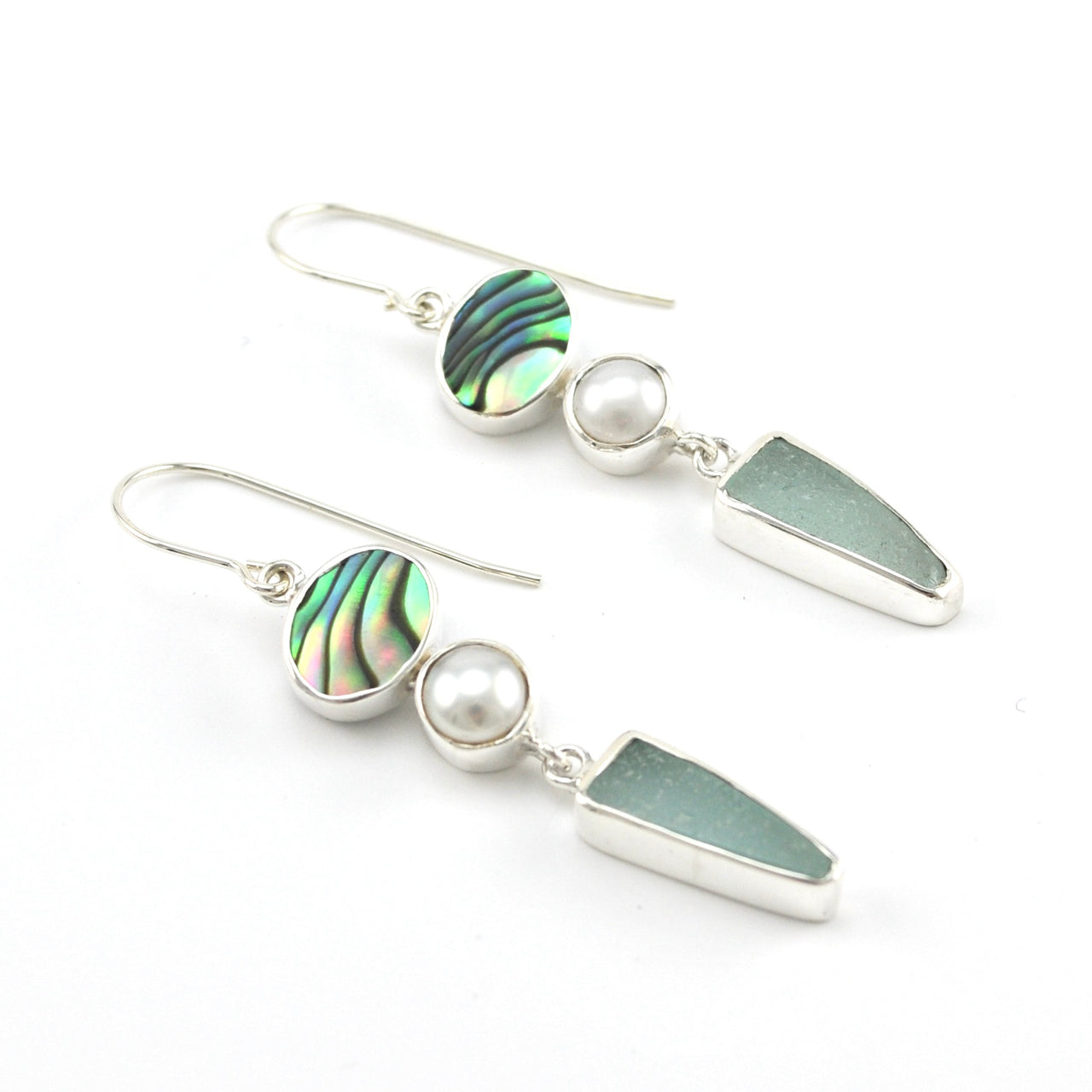 Silver Abalone Pearl Sea Glass Earrings