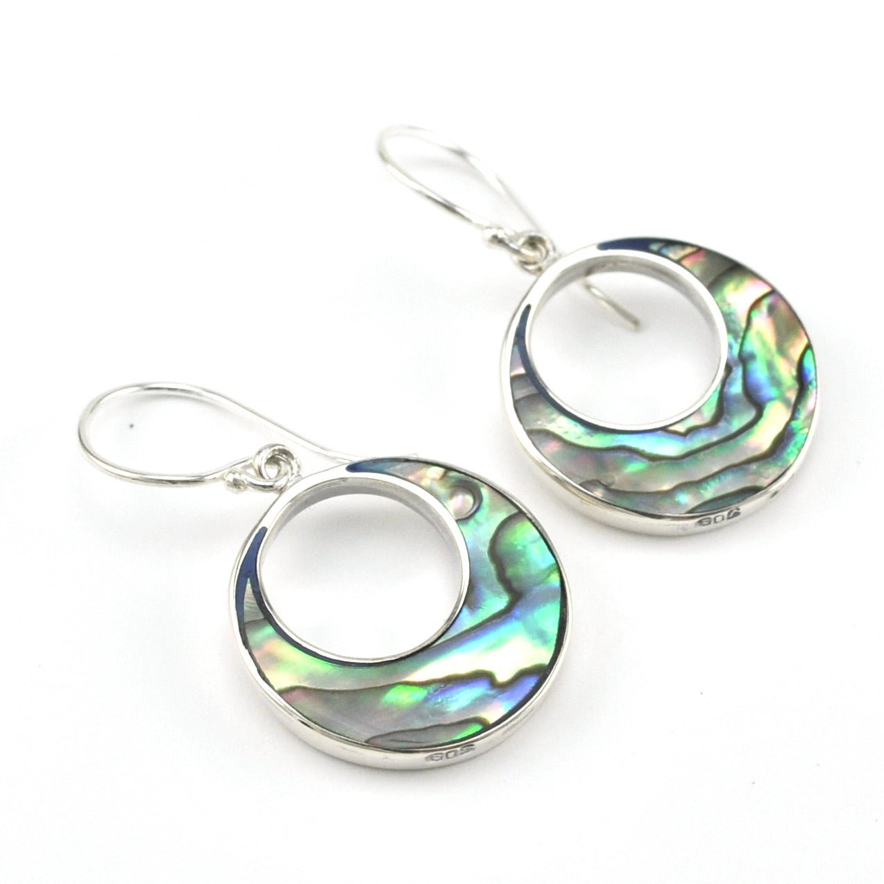 Silver Abalone Round Dangle Earrings