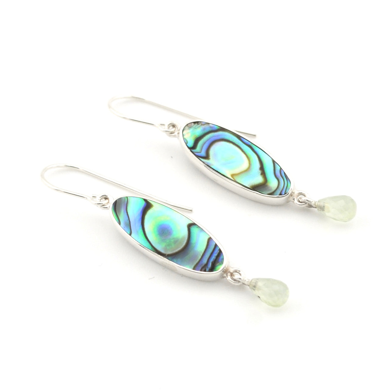 Handmade Sterling Silver Abalone Shell Prehnite Dangle Earrings on white background