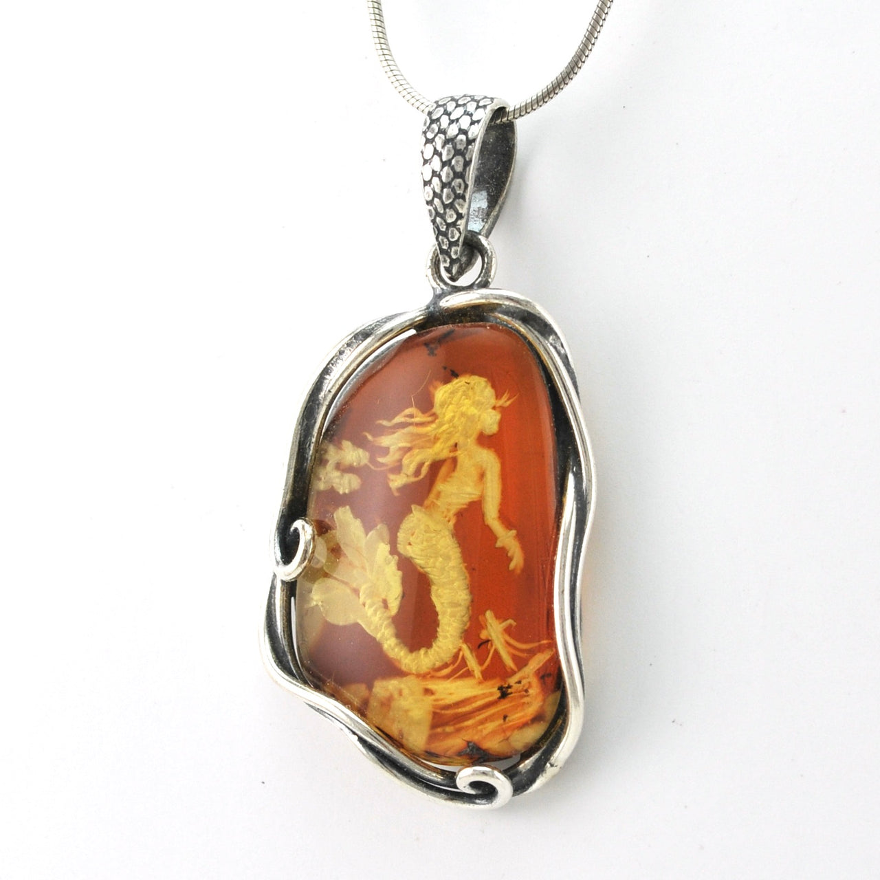 Silver Amber Intaglio Mermaid Pendant
