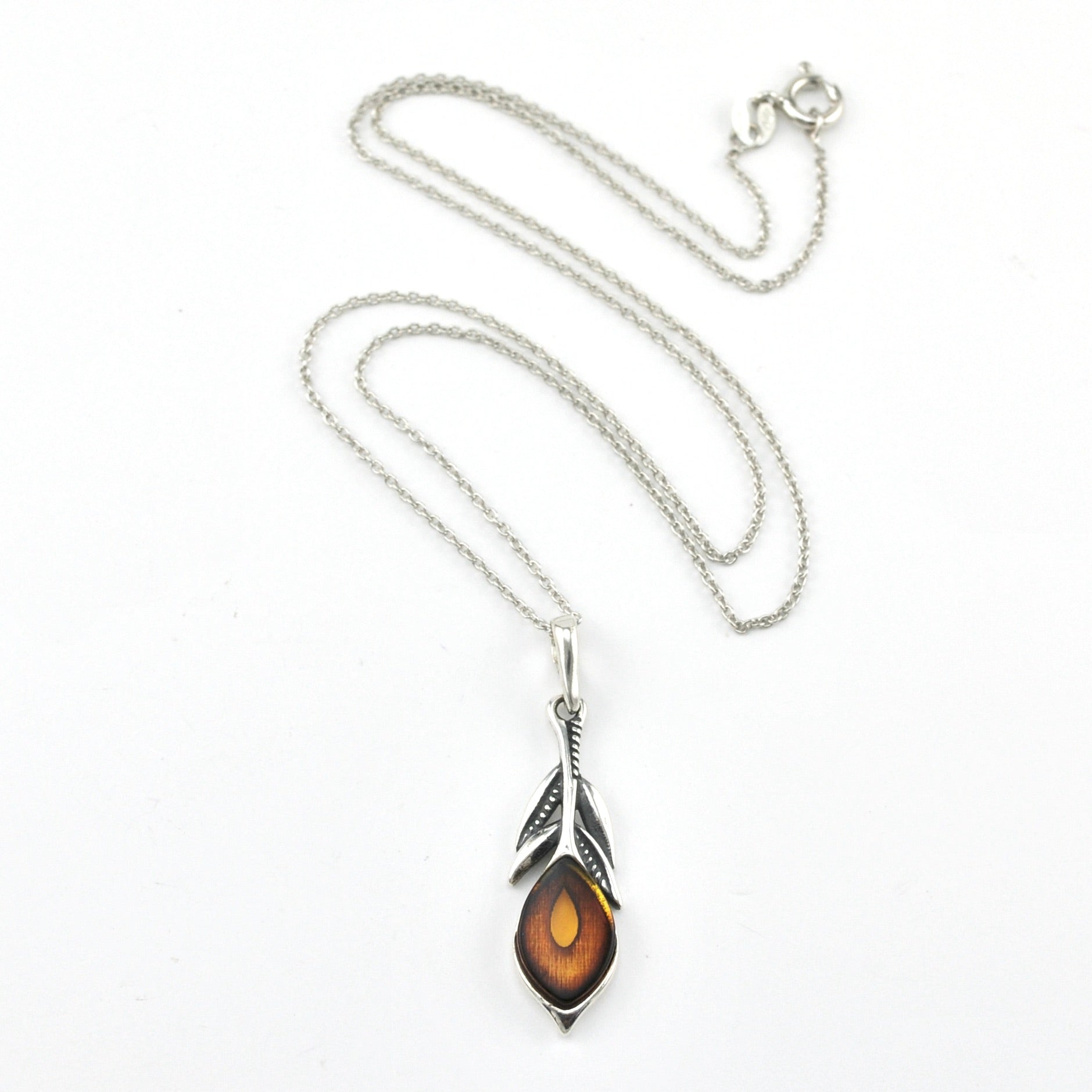 Silver Amber Peacock Feather Necklace