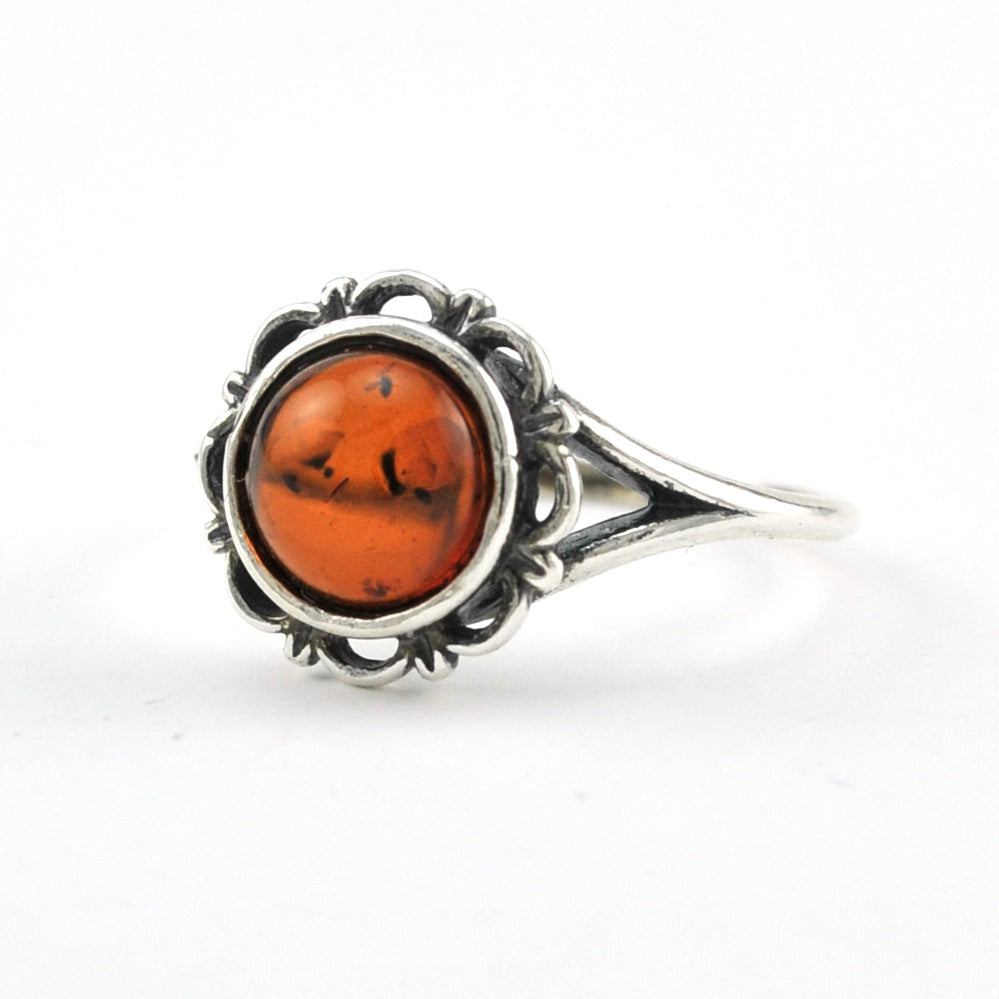 Silver Amber Round Stone Ring