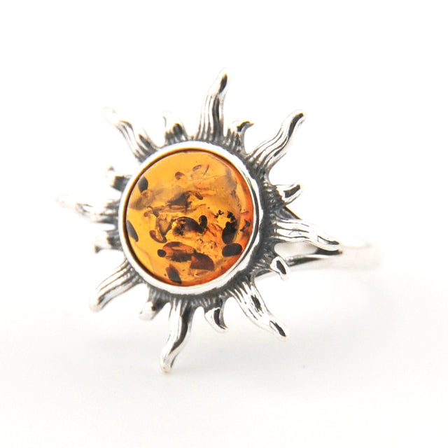 Sterling Silver Amber Sun Ring Size 8