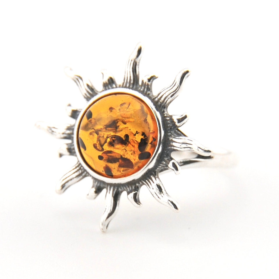 Sterling Silver Amber Sun Ring Size 8