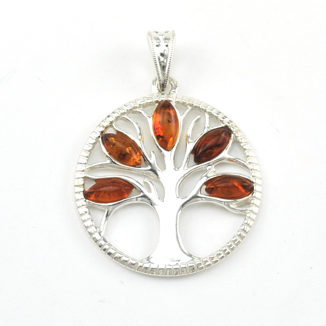 Silver Amber Tree of Life Round Pendant