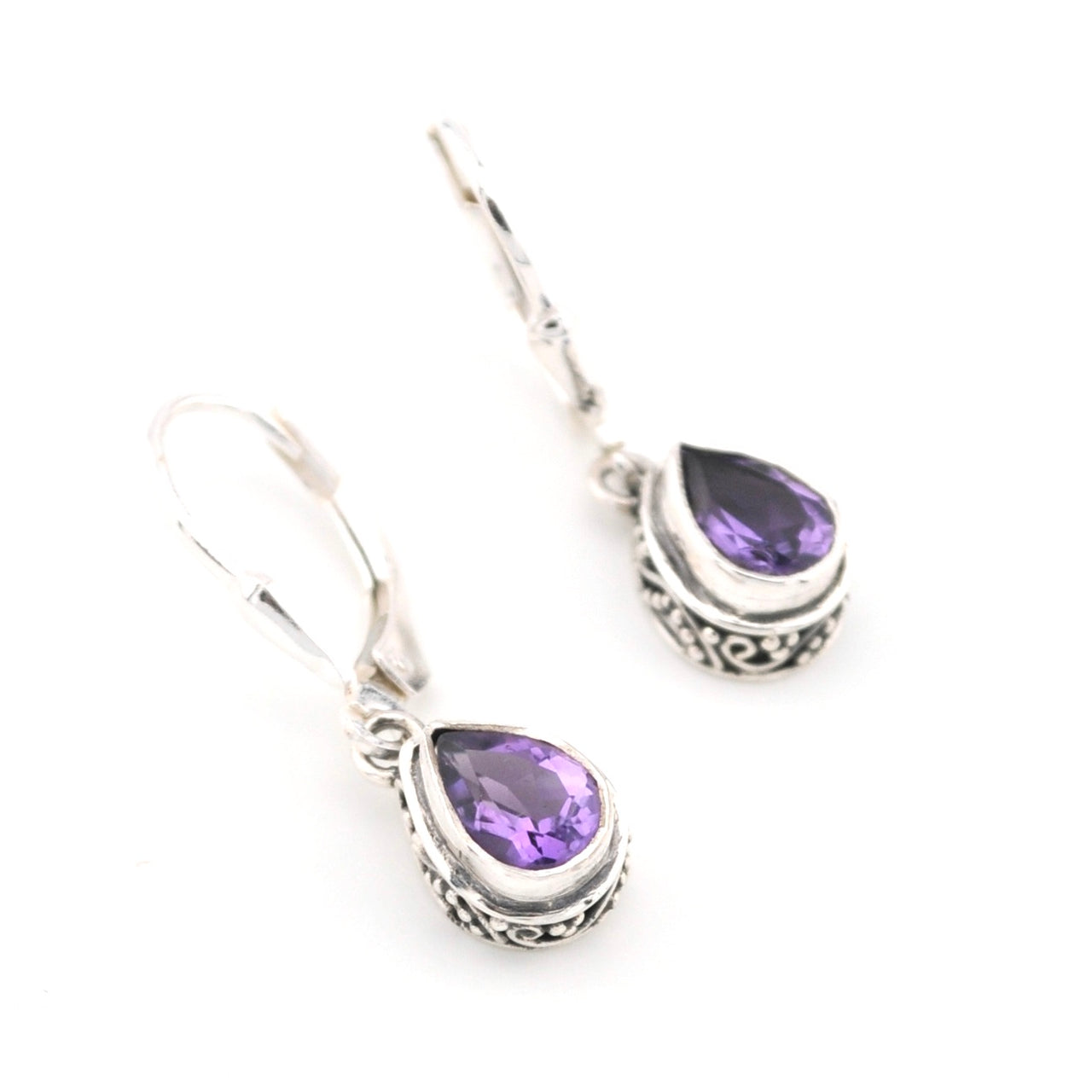Silver Amethyst 5x7mm Tear Bali Dangle Earrings