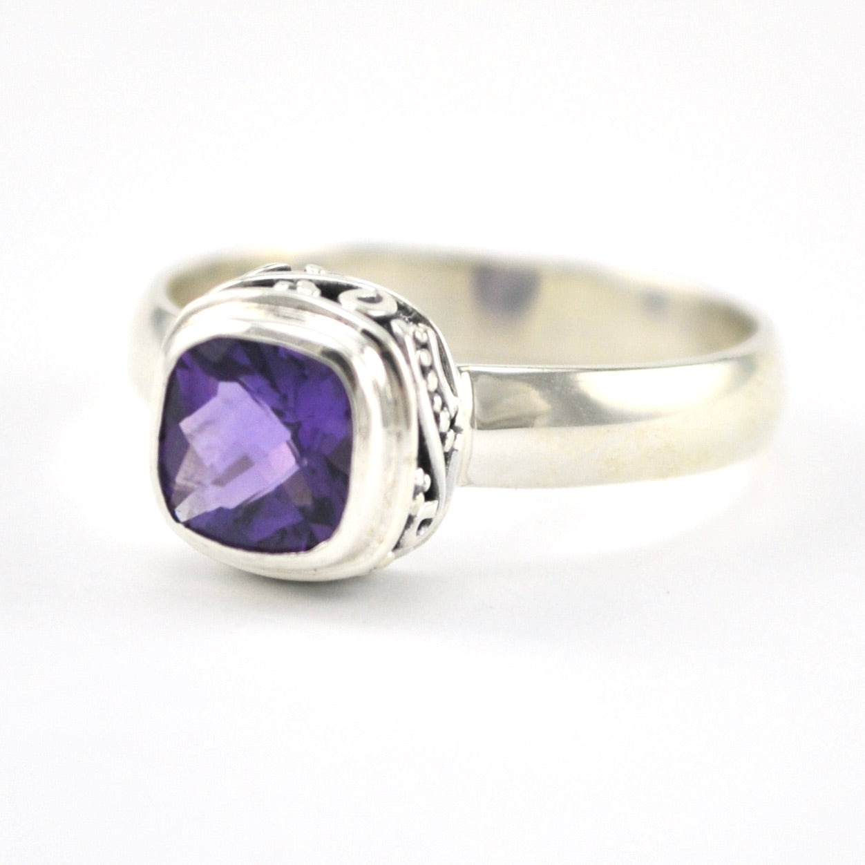 Silver Amethyst 6mm Square Bali Ring