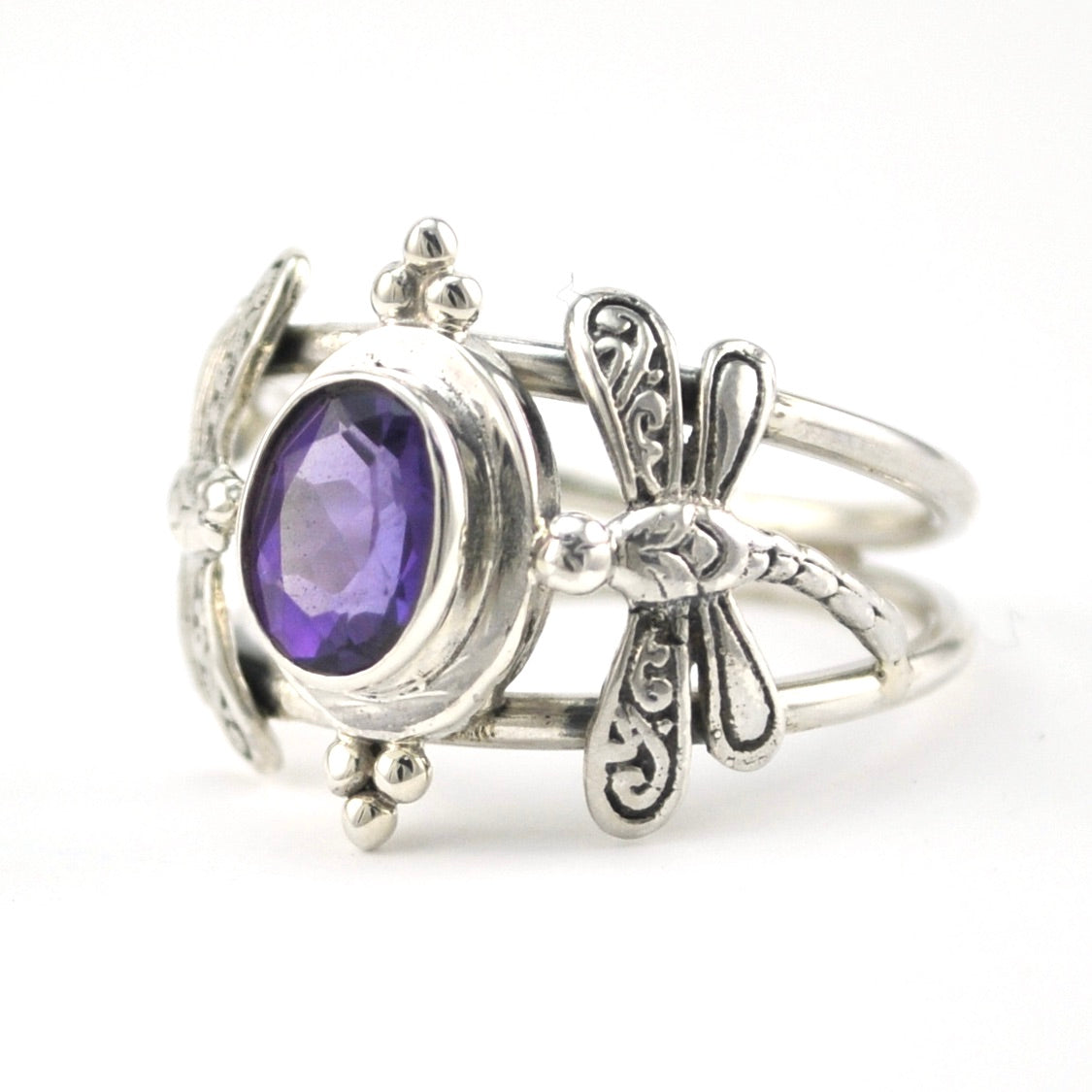 Silver Amethyst 6x8mm Oval Dragonfly Ring