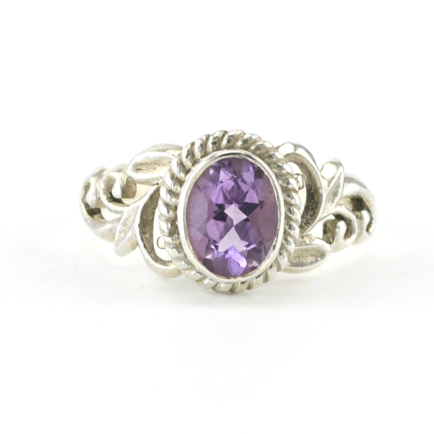 Silver Amethyst 6x8mm Oval Medium Scroll Ring Size 8