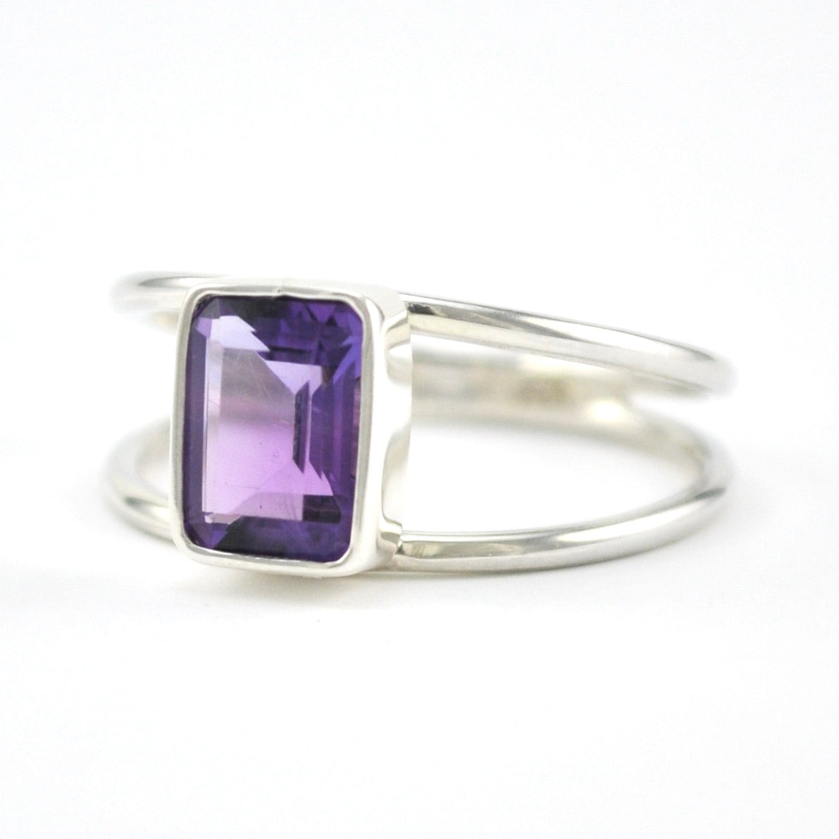 Silver Amethyst 6x8mm Rectangle 2 Band Ring