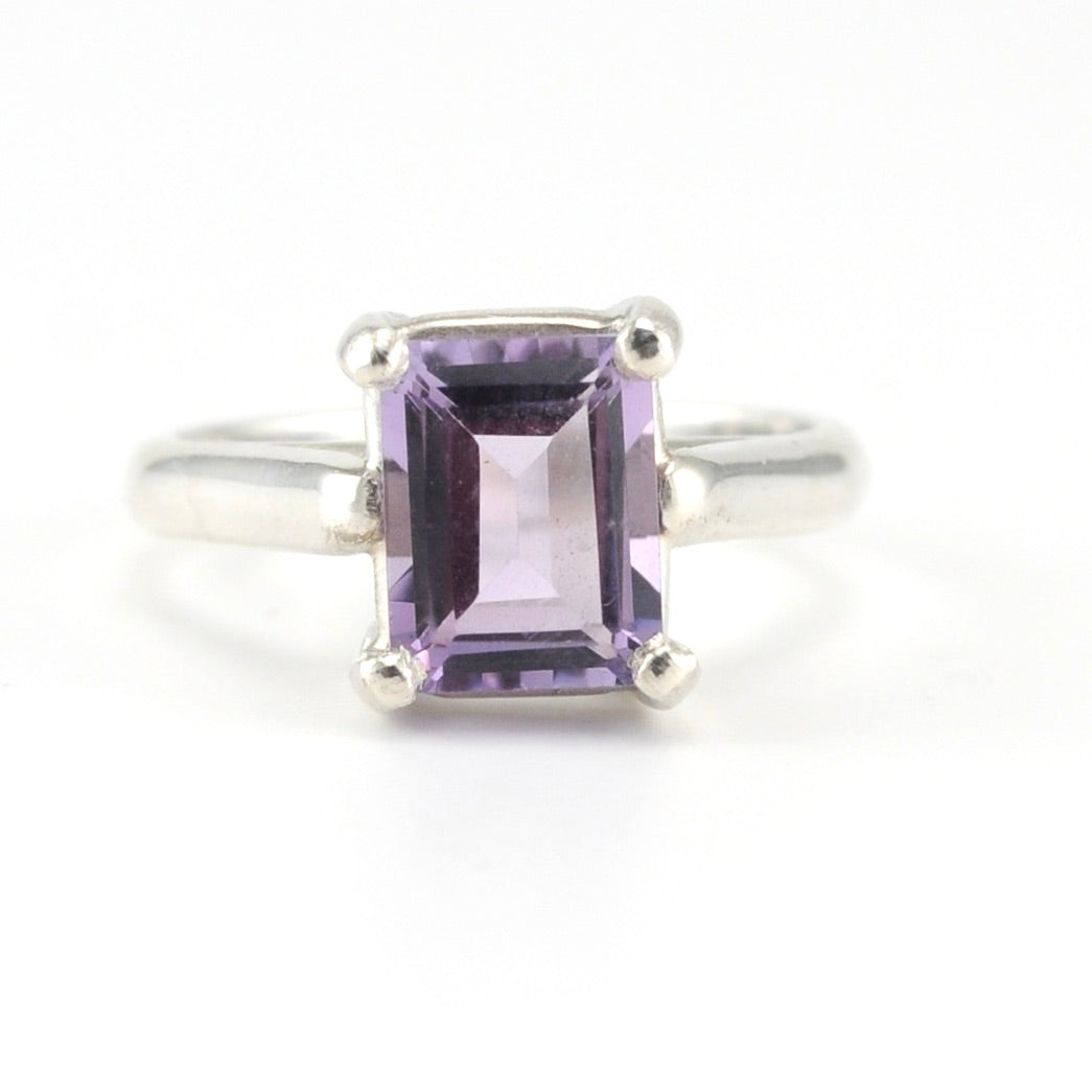 Silver Amethyst 7x9mm Prong Set Rectangle Ring Size 8