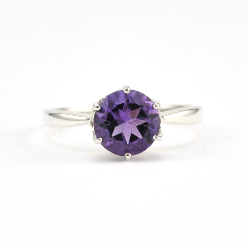 Silver Amethyst 8mm Round Prong Set Ring