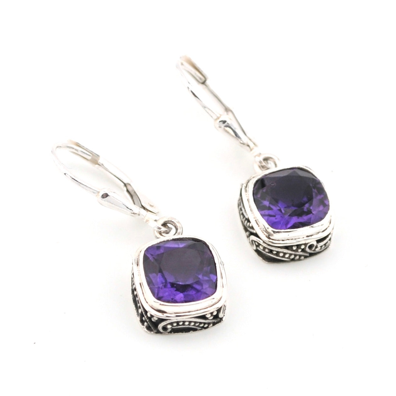Silver Amethyst 8mm Square Bali Dangle Earrings