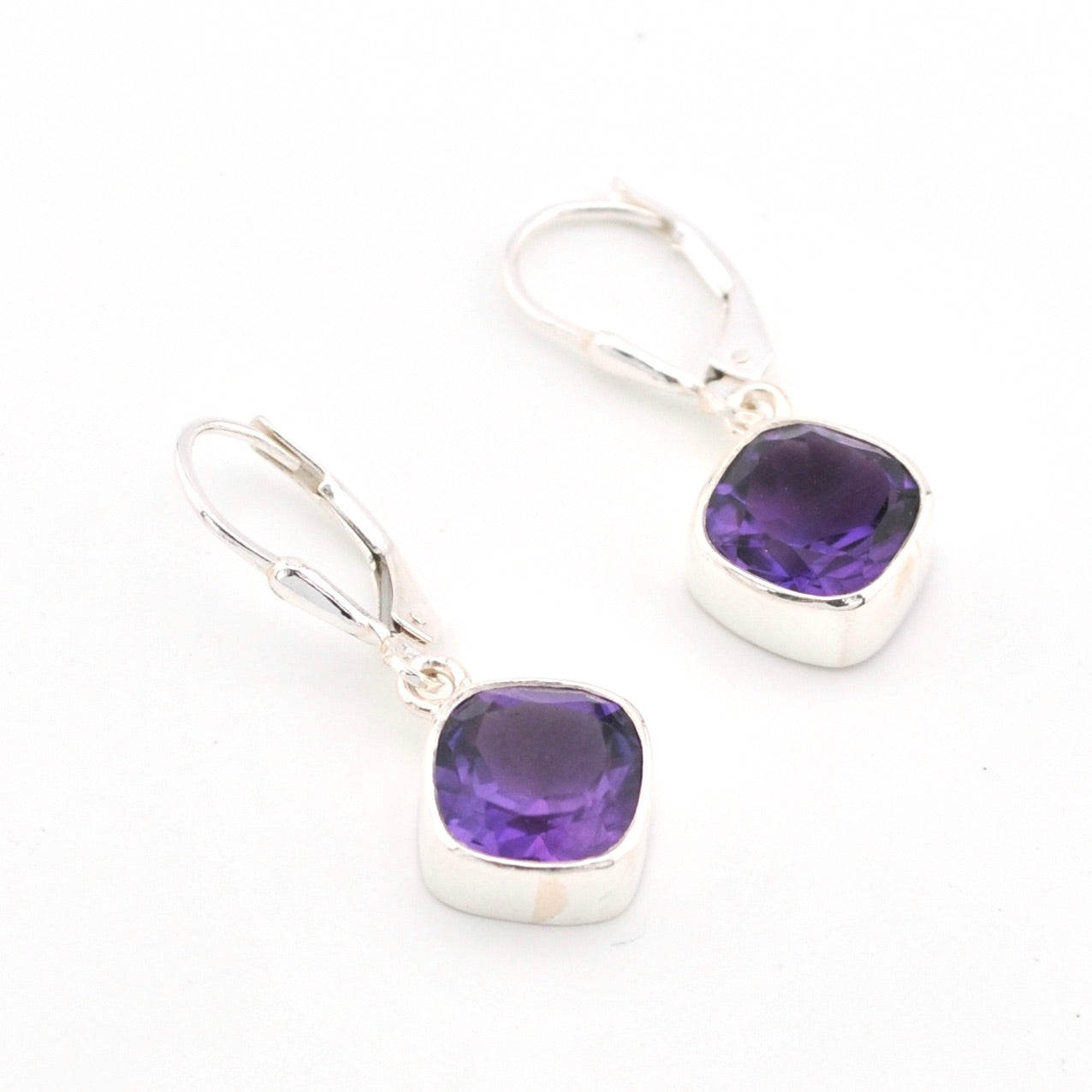 Silver Amethyst 9mm Offset Square Dangle Earrings