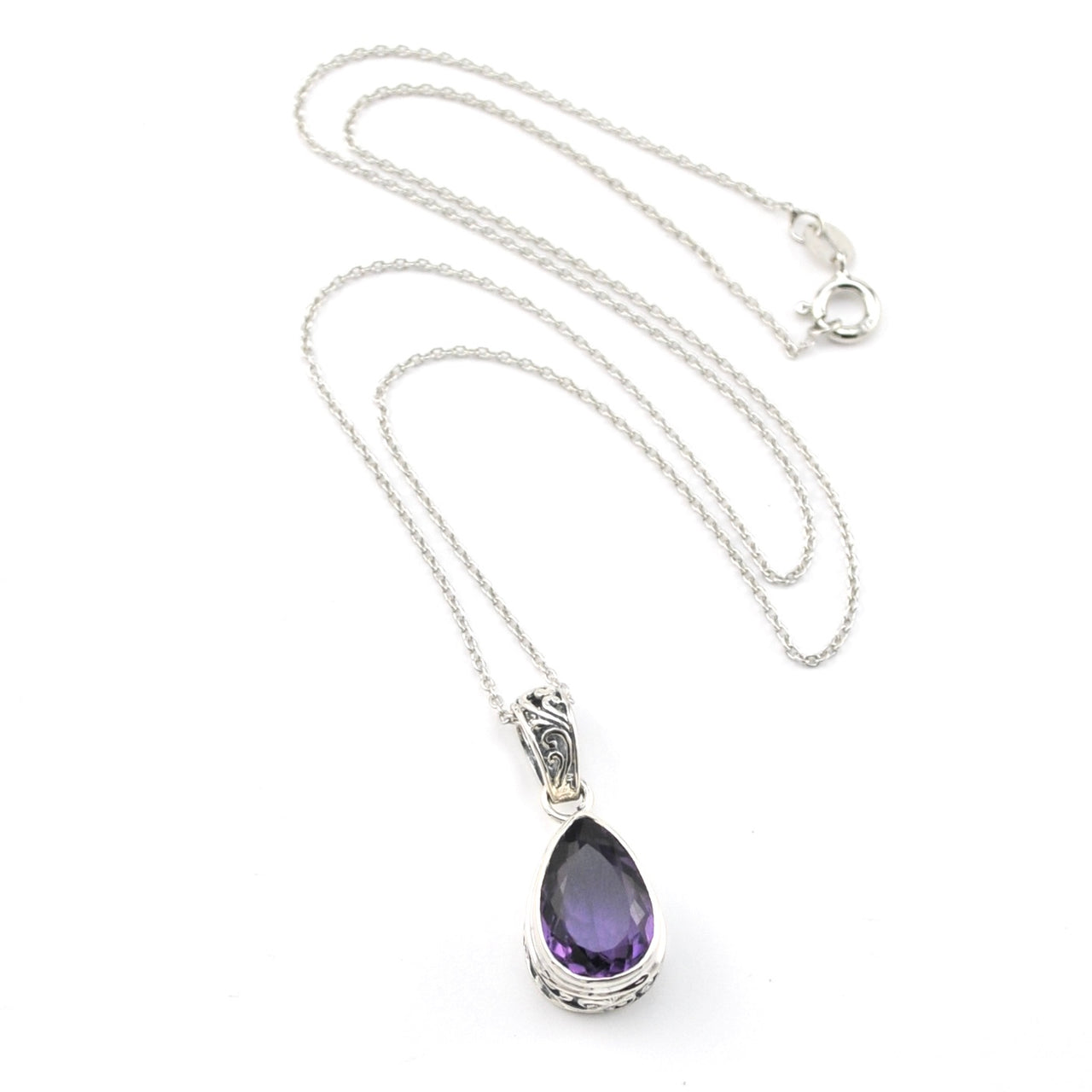 Silver Amethyst 9x13mm Tear Bali Necklace