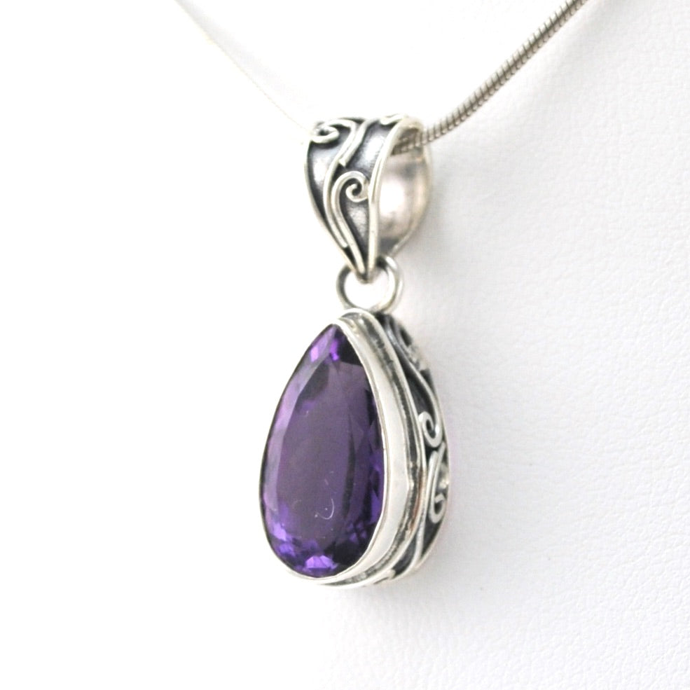 Silver Amethyst 9x16mm Tear Bali Pendant