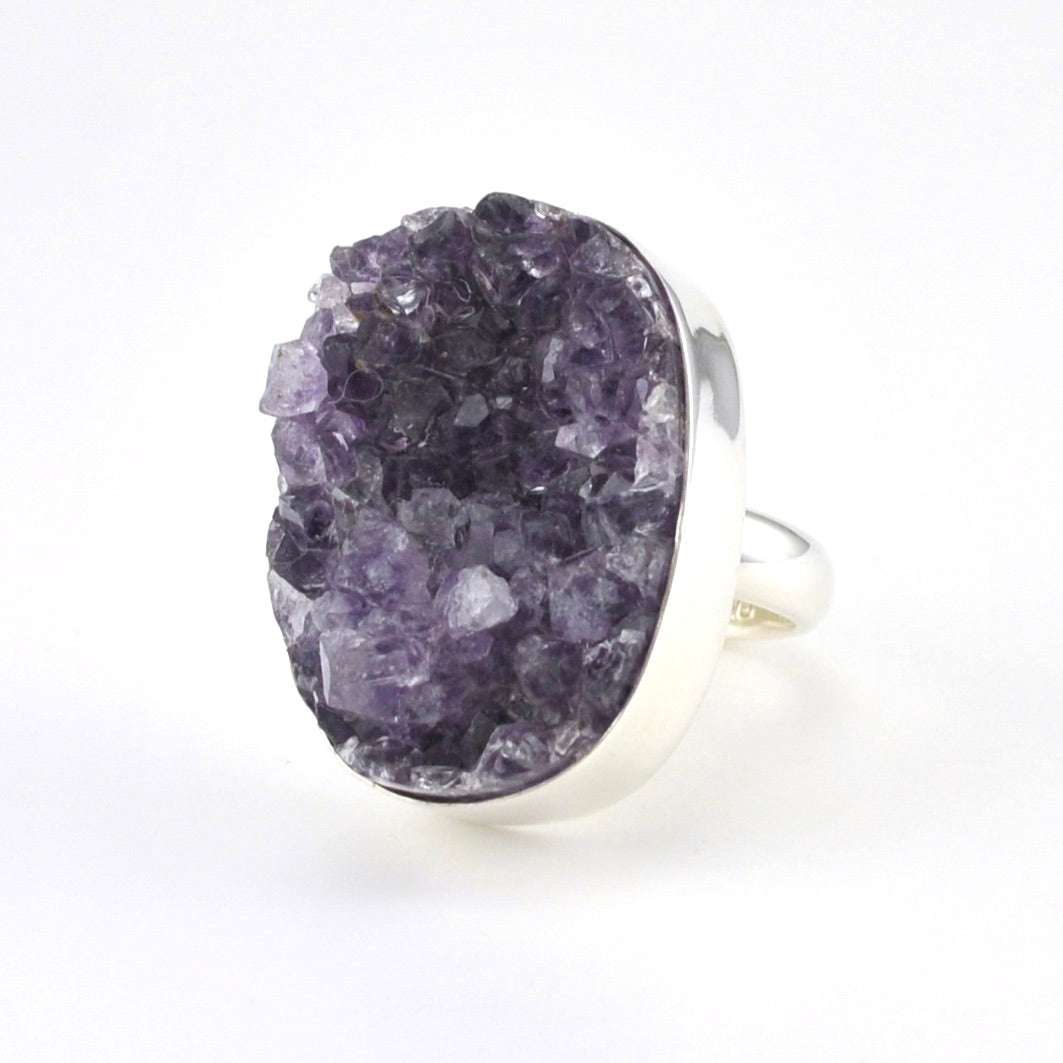 Silver Amethyst Geode Ring Adjustable