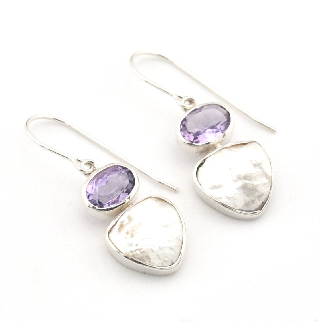 Silver Amethyst Keshi Dangle Earrings on white background