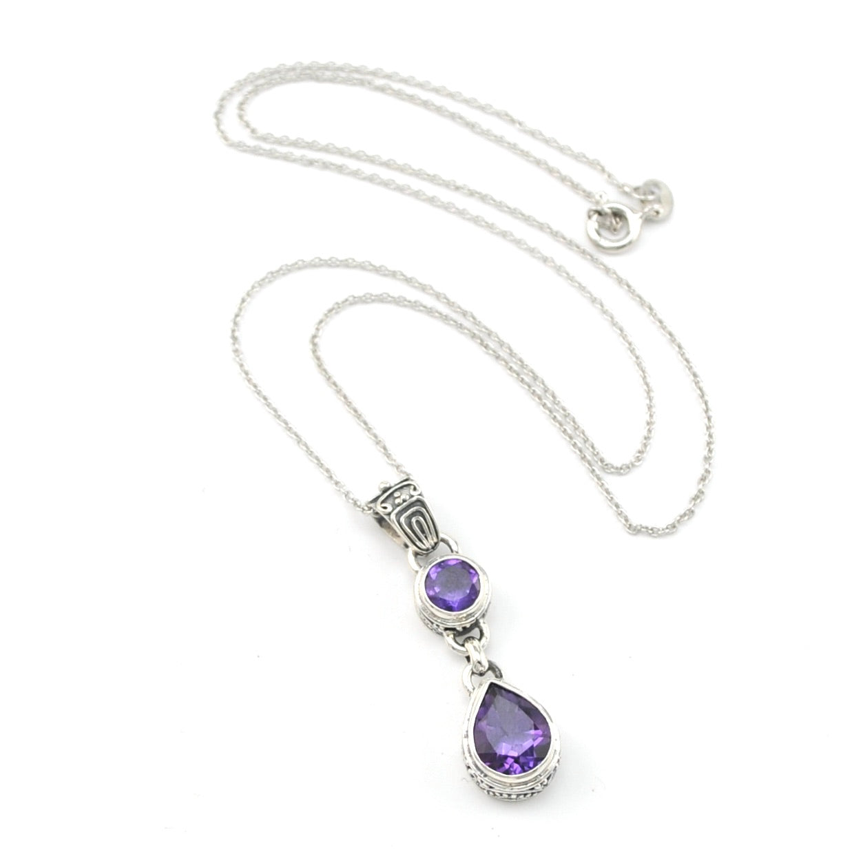 Silver Amethyst Round Tear Bali Necklace