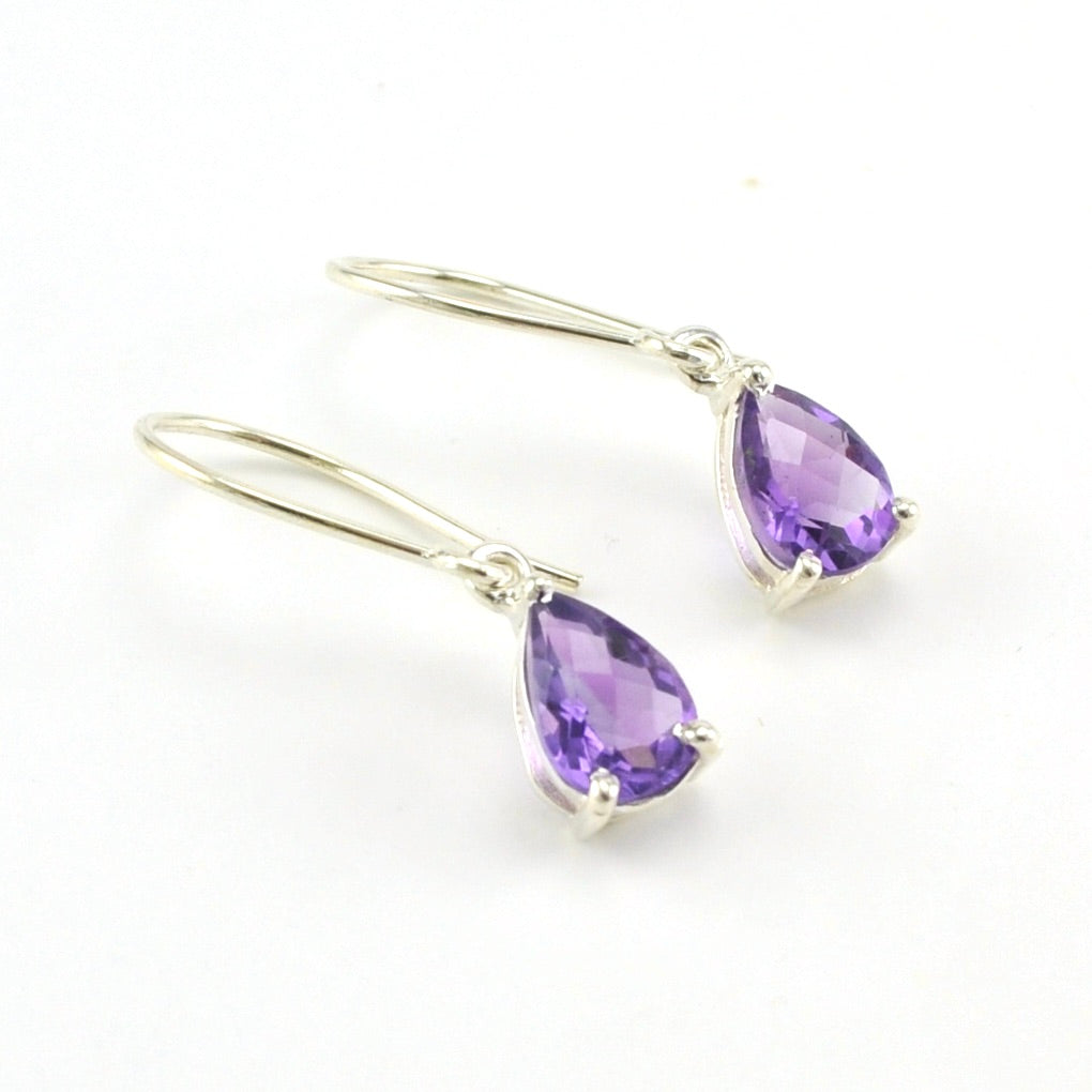 Silver Amethyst Tear Prong Set Dangle Earrings