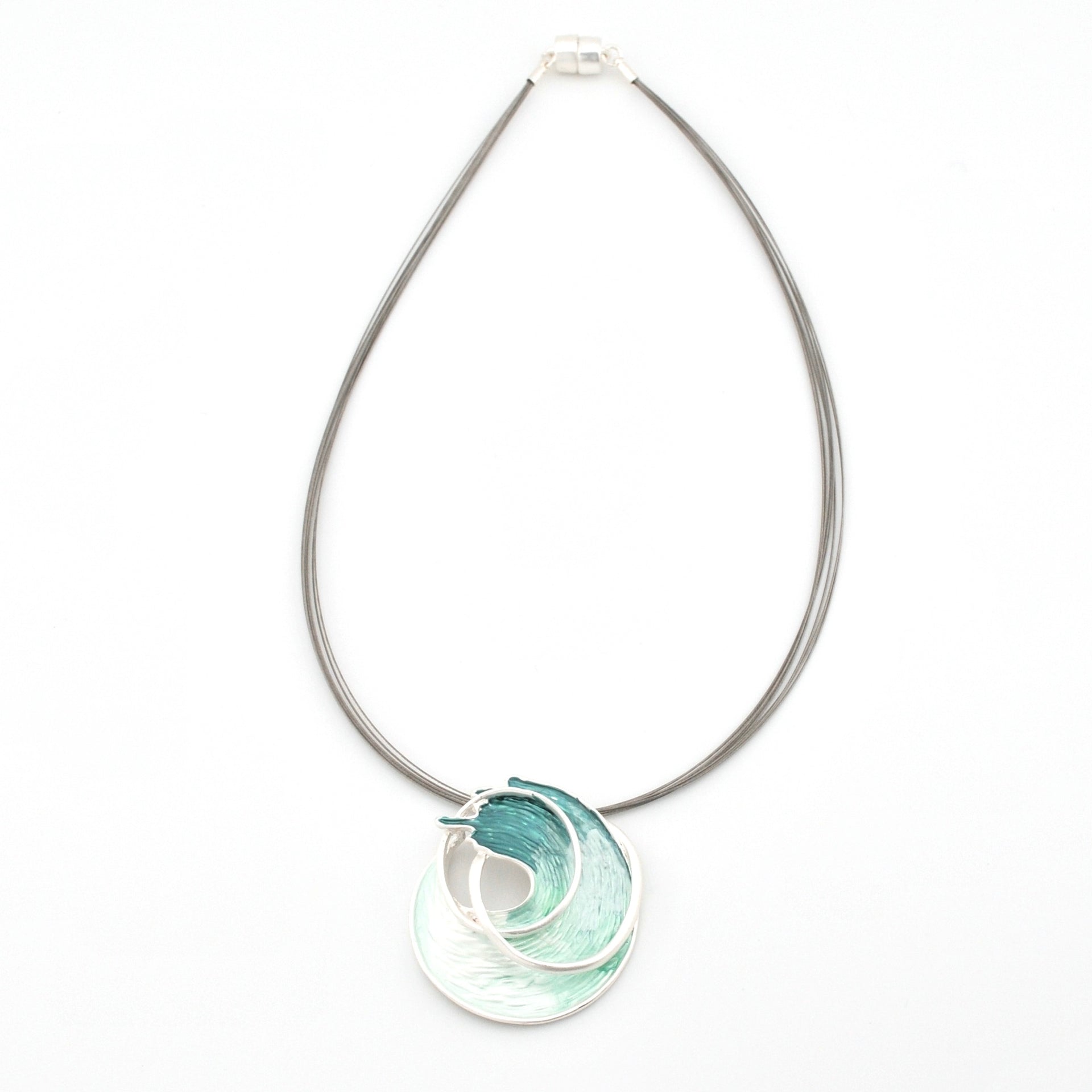 Silver Aqua Ocean Wave Pendant Necklace