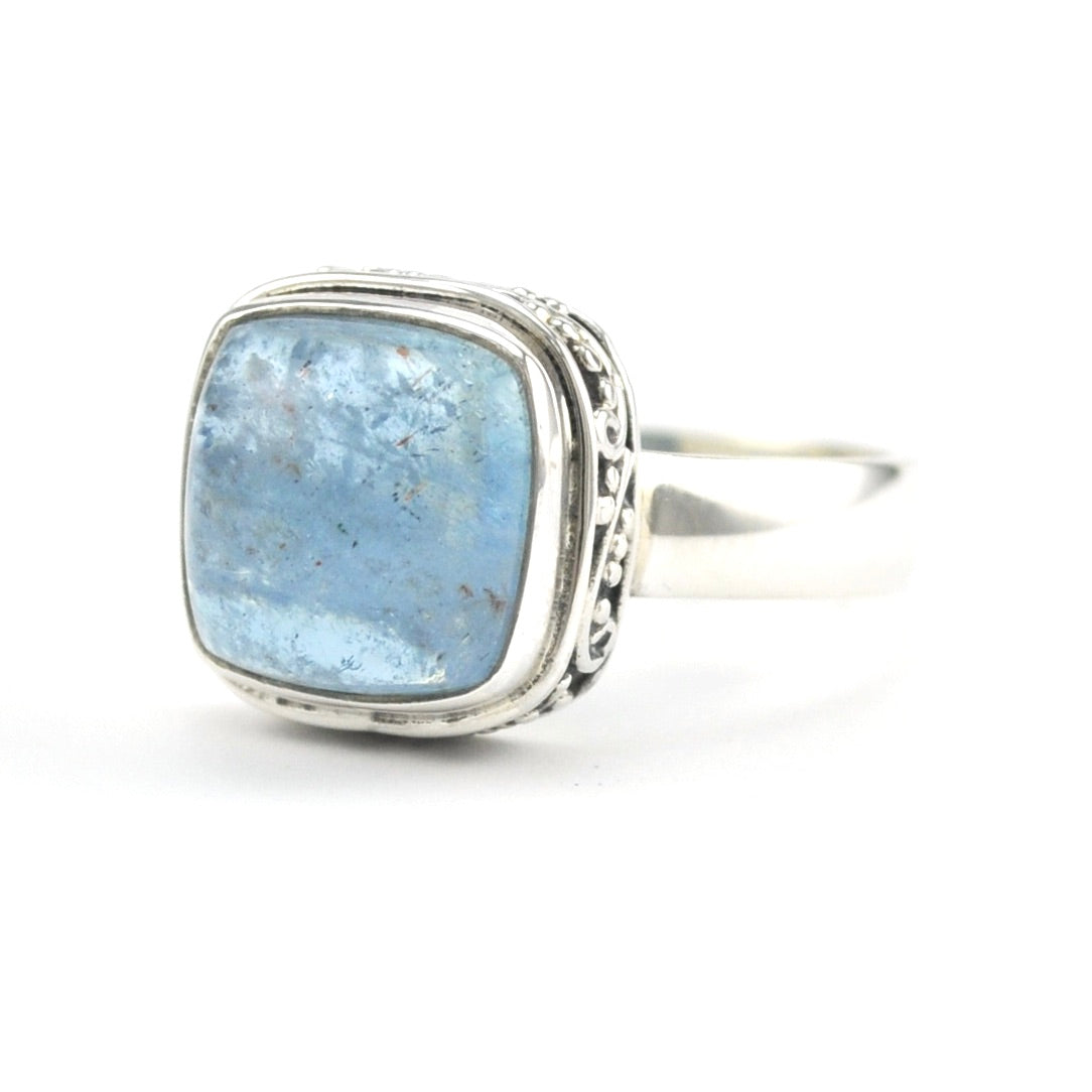 Silver Aquamarine 10mm Square Bali Ring