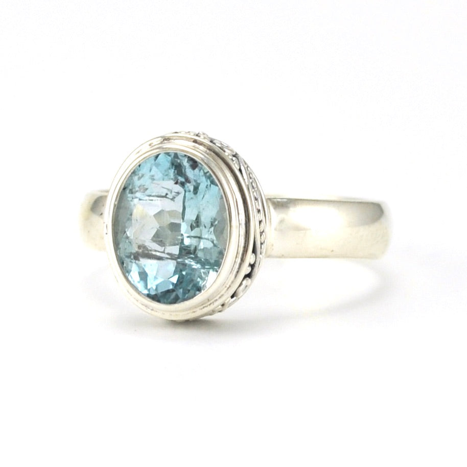 Silver Aquamarine 7x9mm Oval Bali Ring