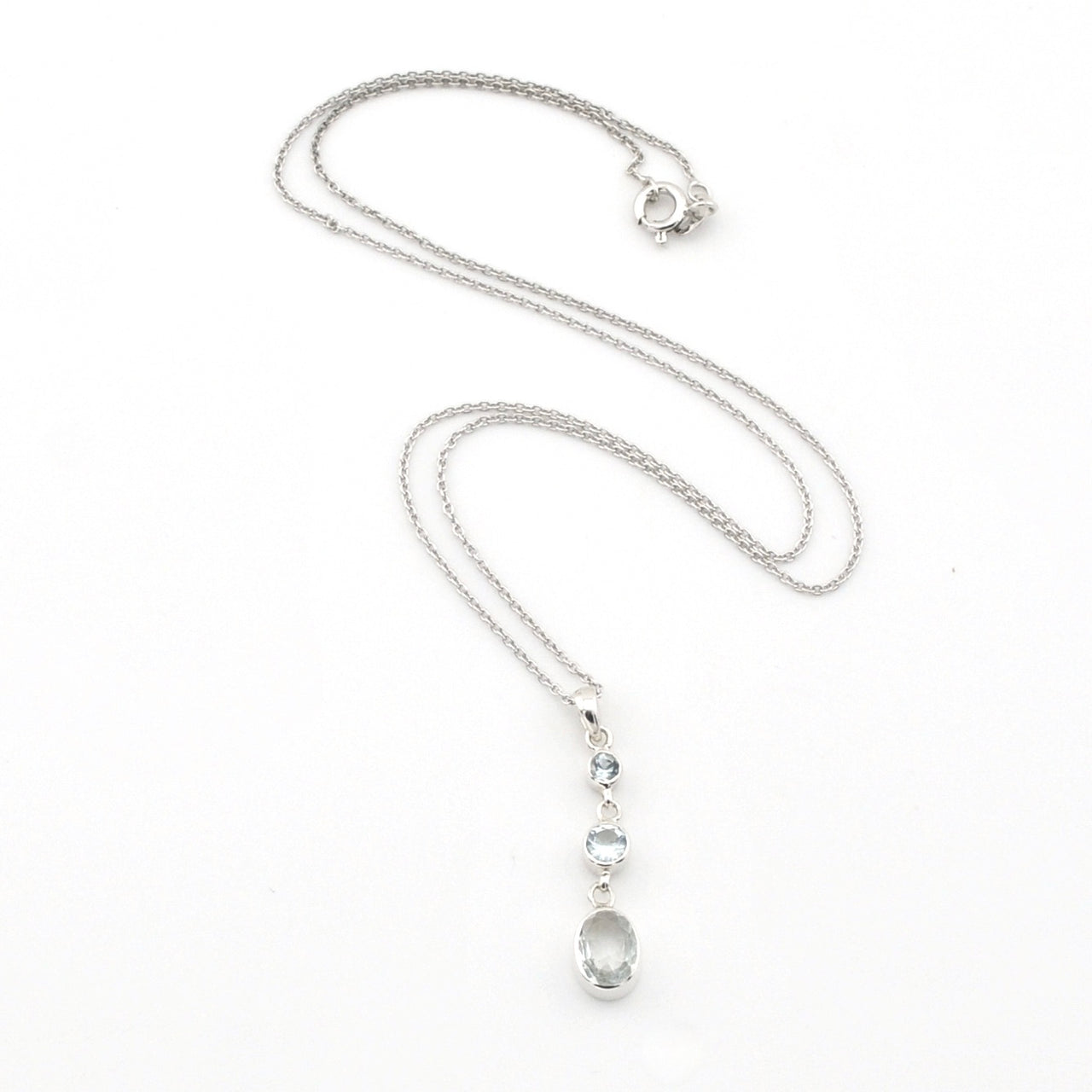 Silver Aquamarine Round Oval Necklace on white background
