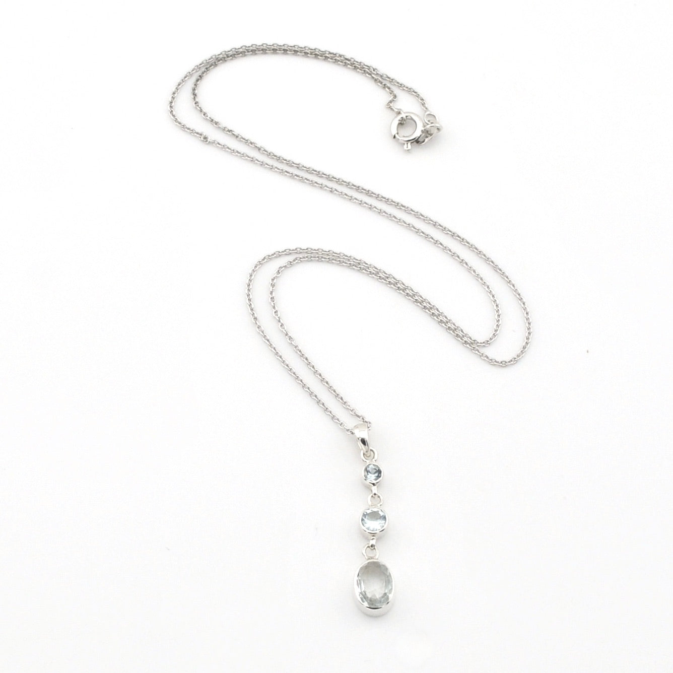 Silver Aquamarine Round Oval Necklace on white background